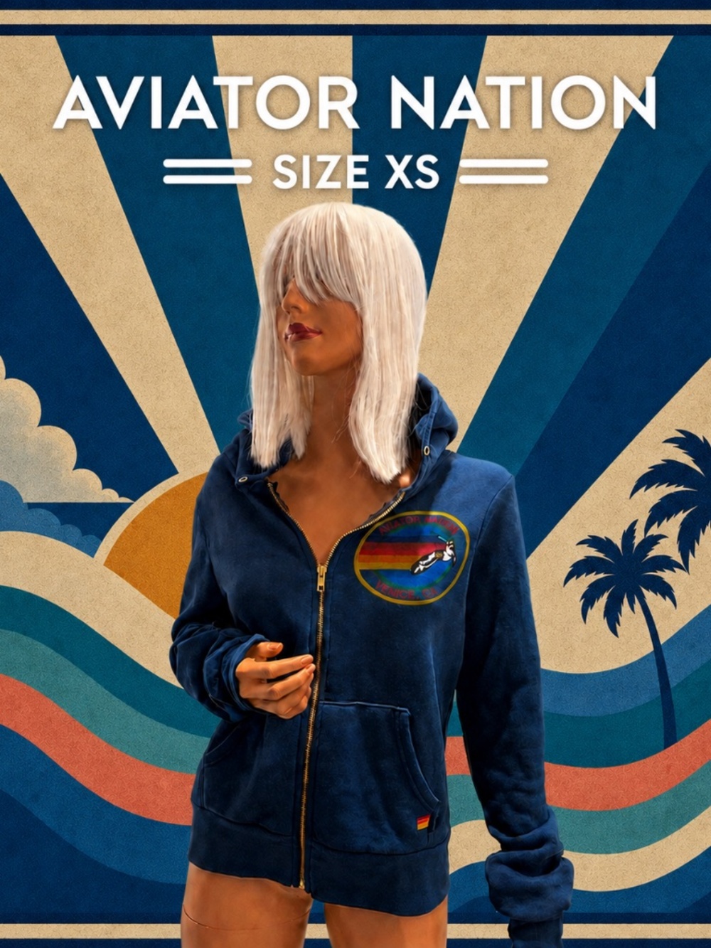 Aviator Nation size xs Navy Zip-Up Hoodie with Rainbow Graphic